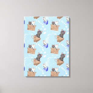 Katzen in Kiste und Milchfallen auf blau Leinwanddruck