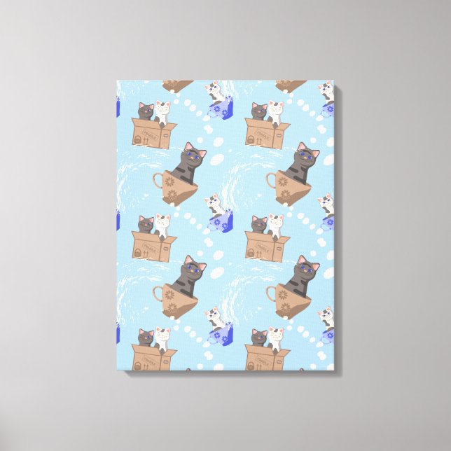 Katzen in Kiste und Milchfallen auf blau Leinwanddruck (Vorderseite)