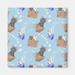 Katzen in Kiste und Milchfallen auf blau Magnet