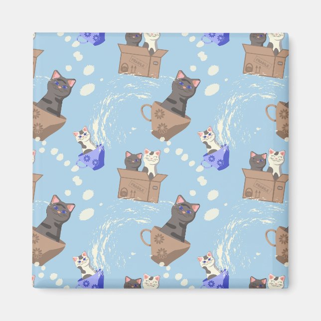 Katzen in Kiste und Milchfallen auf blau Magnet (Vorne)