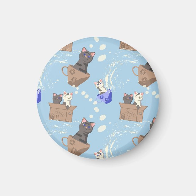 Katzen in Kiste und Milchfallen auf blau Magnet (Vorne)