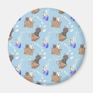 Katzen in Kiste und Milchfallen auf blau Magnet