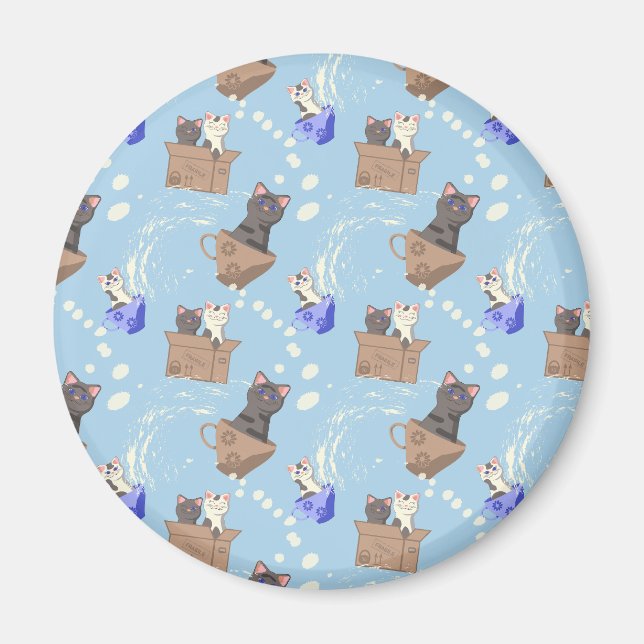 Katzen in Kiste und Milchfallen auf blau Magnet (Vorne)