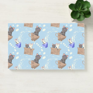 Katzen in Kiste und Milchfallen auf blau Post-it Klebezettel