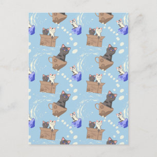 Katzen in Kiste und Milchfallen auf blau Postkarte