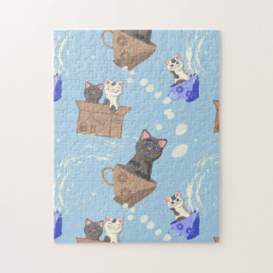 Katzen in Kiste und Milchfallen auf blau Puzzle