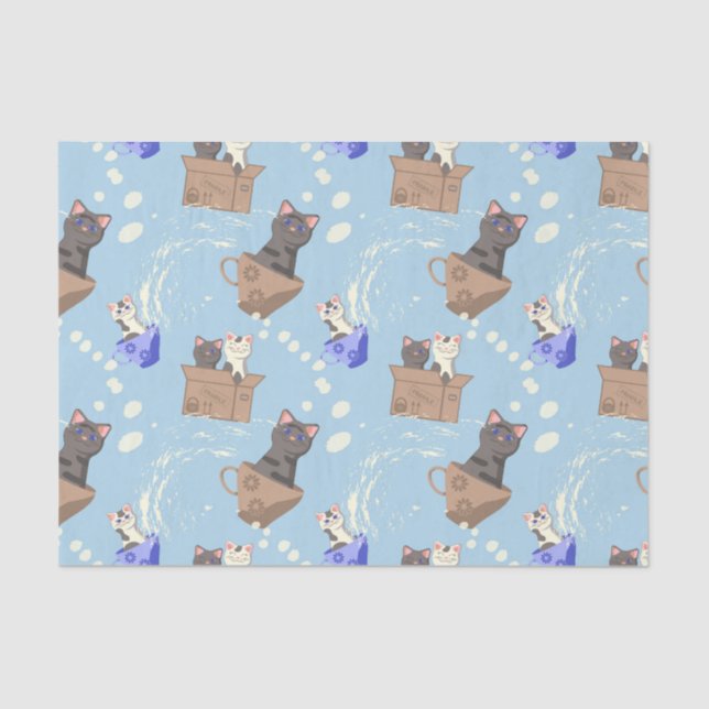 Katzen in Kiste und Milchfallen auf blau Seidenpapier (Vorderseite)