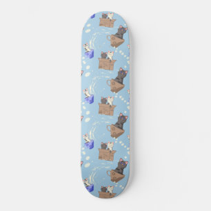 Katzen in Kiste und Milchfallen auf blau Skateboard