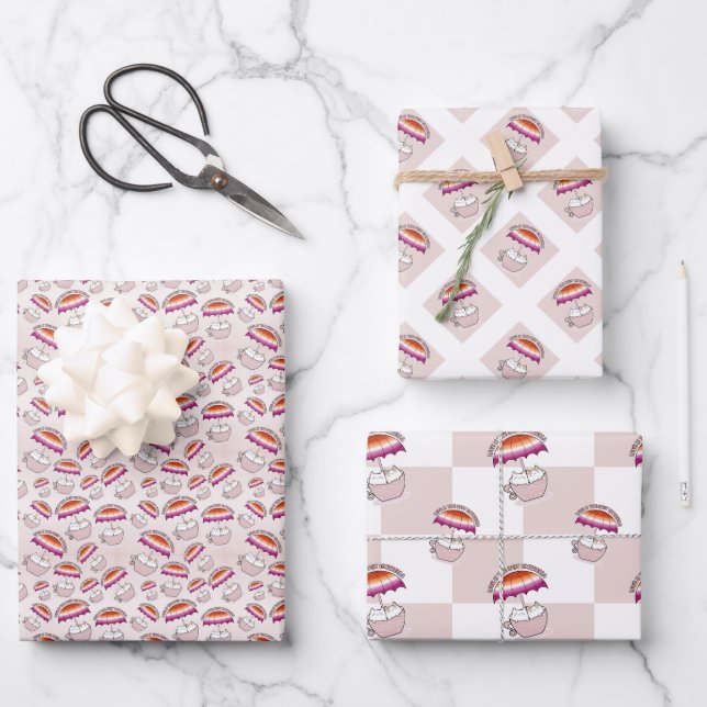 Katzen in Tasse unter Regenschirm in lesbischen Fa Geschenkpapier Set (Vorderseite)