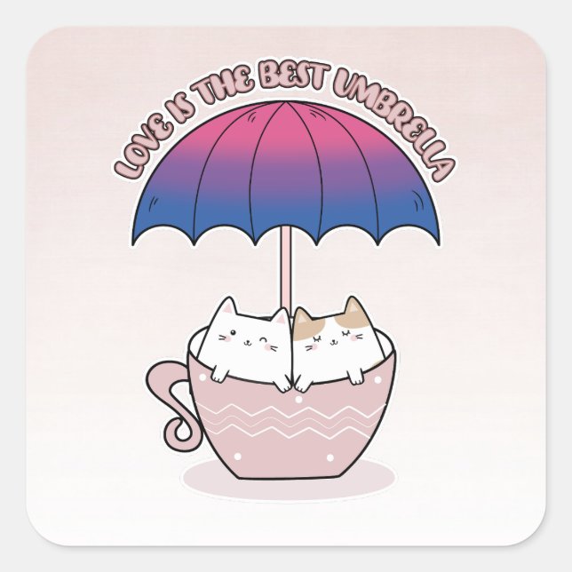 Katzen in Tasse unter Schirm in Bisexuellen Quadratischer Aufkleber (Vorderseite)