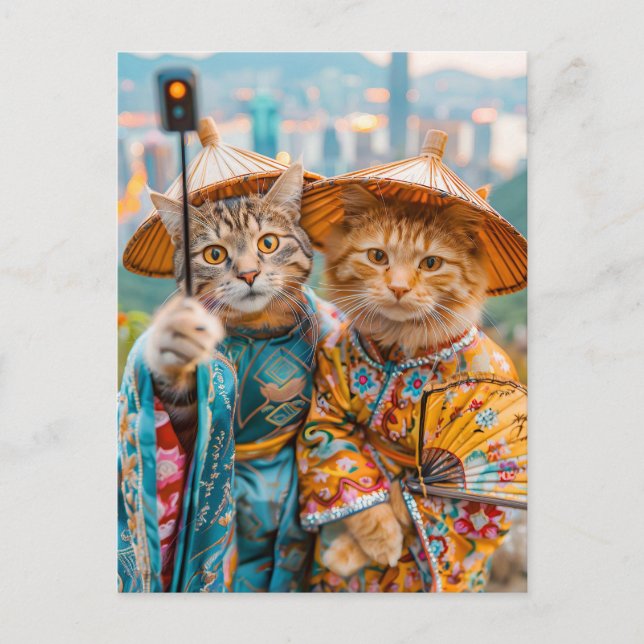 Katzen in traditionellen chinesischen Outfits Feiertagspostkarte (Vorderseite)