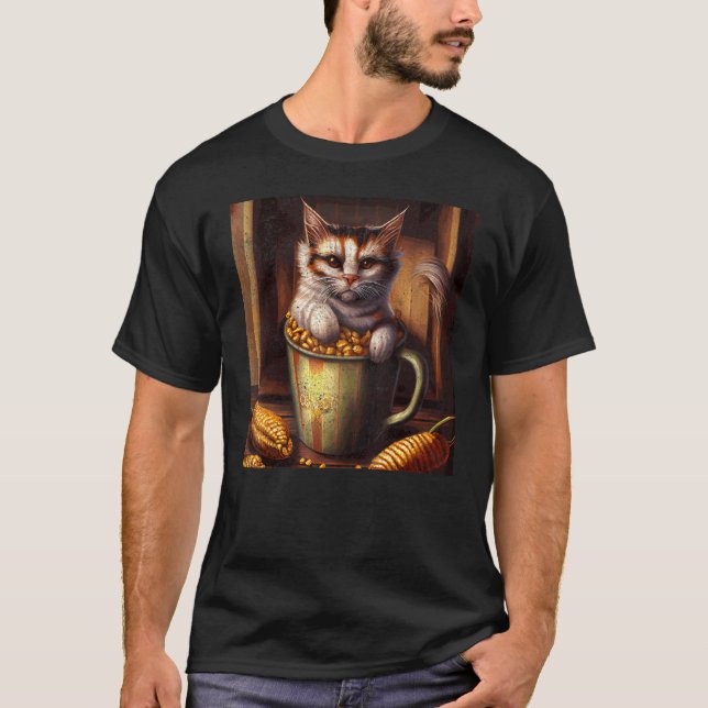 Katzen Kaffee Maiskolben T-Shirt (Vorderseite)
