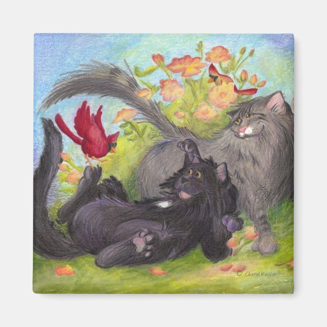 Katzen, Kardinäle und Rose / Magnet (Vorne)