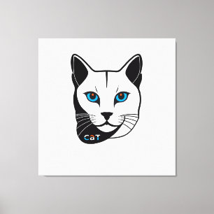 Katzen Kopf in Schwarz-Weiß Blaue Augen + Text Leinwanddruck