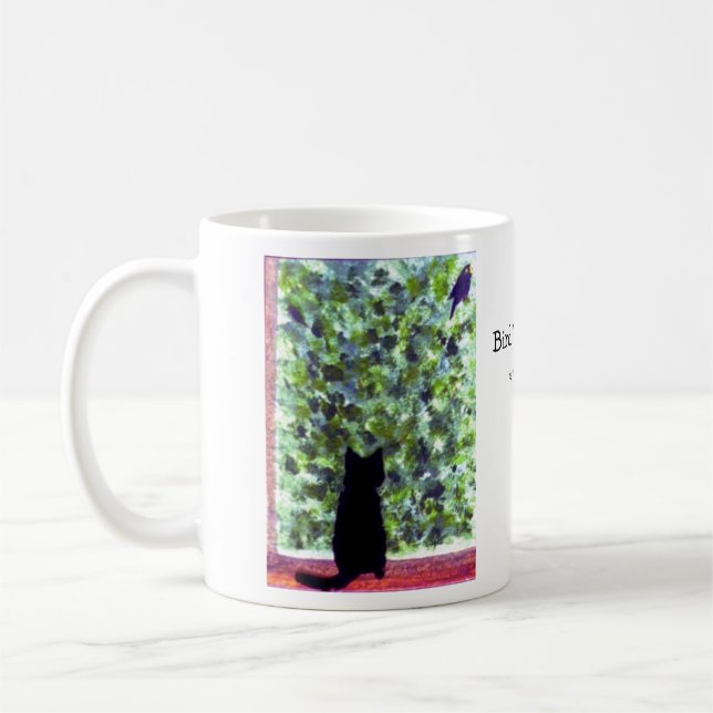 Katzen-Kunst-schwarze Katzen-Vogelbeobachtung! Tasse (Links)