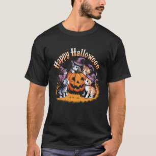 Katzen-Kürbis-Halloween-Blumen-Unheimliche-Saison- T-Shirt