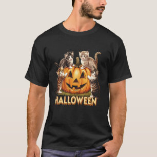 Katzen-Kürbis-Halloween-Blumen-Unheimliche-Saison- T-Shirt
