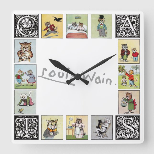 Katzen, Louis Wain Quadratische Wanduhr (Vorderseite)