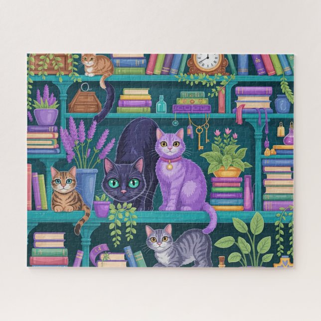 Katzen Magisches Bücherregal Puzzle (Horizontal)