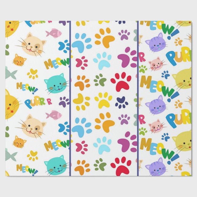 Katzen Meow Geschenkpapier (A vibrant and playful cartoon pattern featuring an array of colorful cat faces, paw prints.)