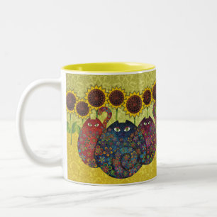 Katzen mit der Sonnenblume-Tasse Zweifarbige Tasse