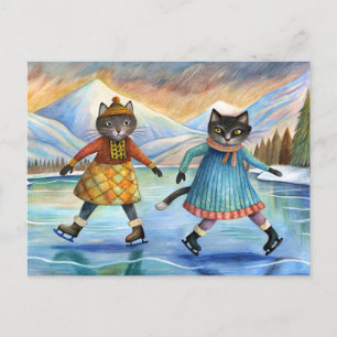 Katzen mit Eis-Skaten auf dem Alpensee Feiertagspostkarte