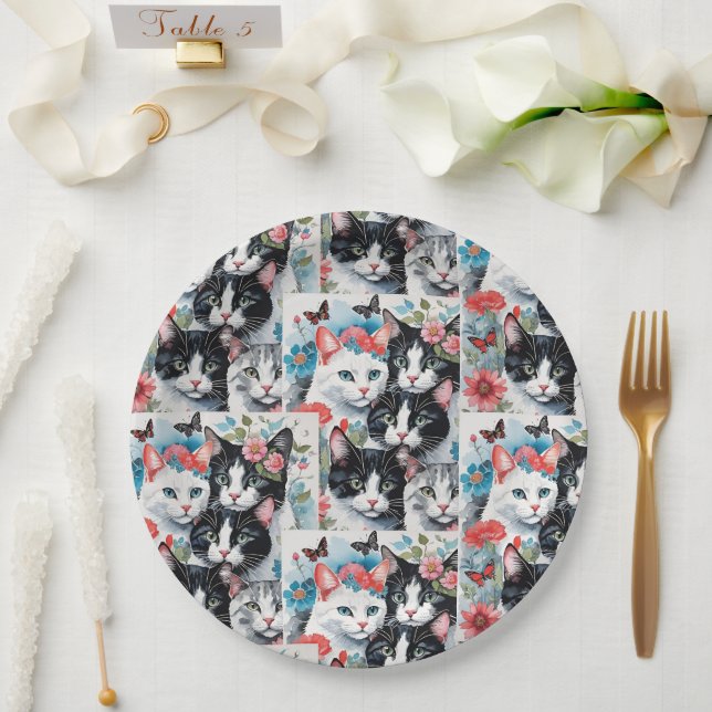 Katzen mit rosa Blume und Schmetterlingen Pappteller (Hochzeit)