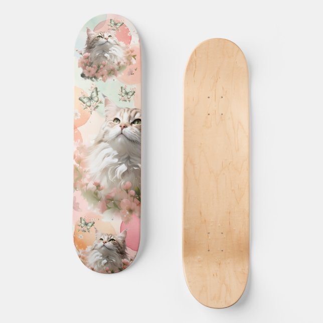 Katzen mit Schmetterlingen Rosa und Pastellfarben Skateboard (Vorderseite)