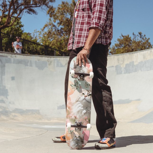 Katzen mit Schmetterlingen Rosa und Pastellfarben Skateboard (Außenbereich2)