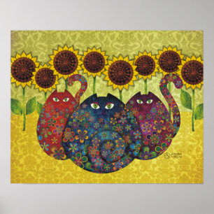 Katzen mit Sonnenblumen-Leinwand Poster