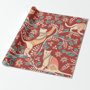 Katzen mit Verzierungen, Zweige mit Blume und Lede Geschenkpapier