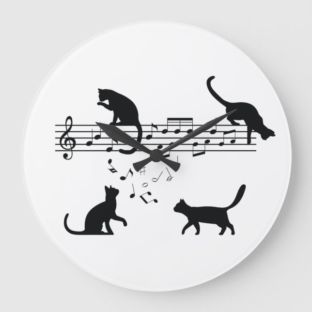 Katzen Musiknoten spielen Große Wanduhr (Vorderseite)