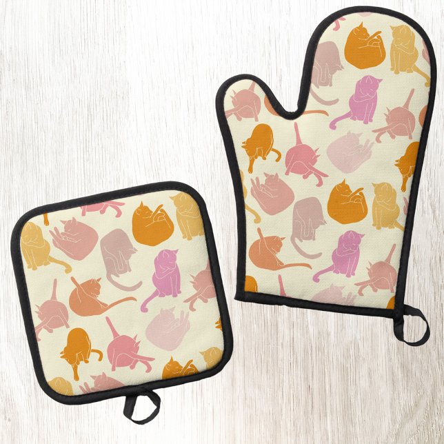 Katzen Muster Orange Pink Gelb Ofenhandschuh & Topflappen-Set (Pink orange and yellow fun kitty cat pattern kitchen oven mitt and pot holder)