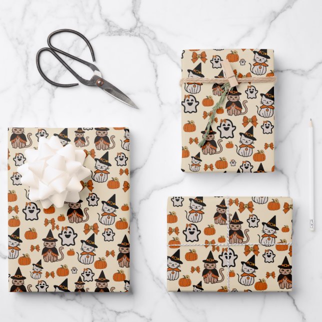 Katzen nahtloses Halloween-Party Geschenkpapier Set (Vorderseite)