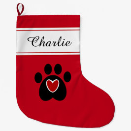 Katzen- oder Hundepaw-Druck mit einem roten Herz Großer Weihnachtsstrumpf