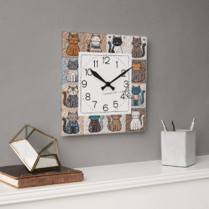 Katzen-Patchwork-Quilt-Muster Quadratische Wanduhr
