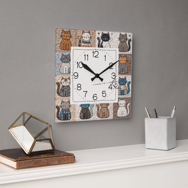 Katzen-Patchwork-Quilt-Muster Quadratische Wanduhr (Büro)