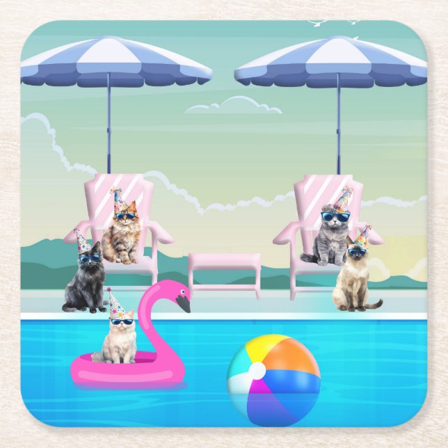 Katzen-Pool-Party Rechteckiger Pappuntersetzer (Vorderseite)
