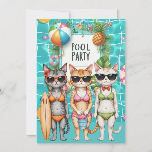 Katzen-Poolparty  Einladung (Vorderseite)