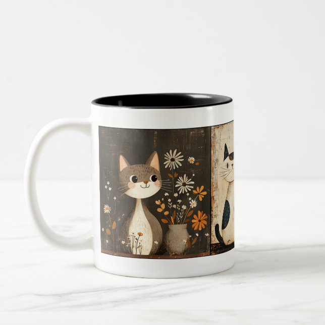 Katzen-Portraits, Set von 3 bemalten Katzen Zweifarbige Tasse (Links)