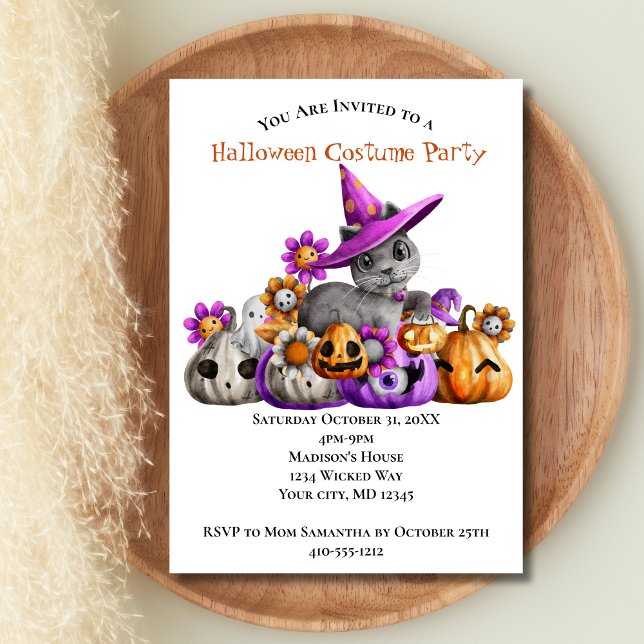 Katzen Pumpkins Lila Orange Kids Halloween-Party Einladung (Cats Pumpkins Halloween Party Invitation. Printed or Digital Download)