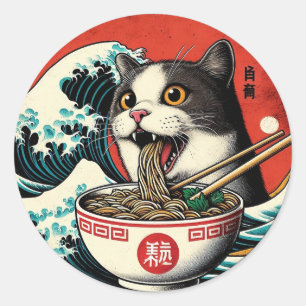 Katzen-Ramen japanische Kunst im Vintage-Stil Runder Aufkleber