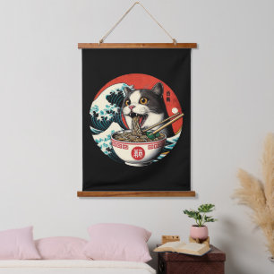Katzen-Ramen japanische Kunst im Vintage-Stil Wandteppich Mit Holzrahmen