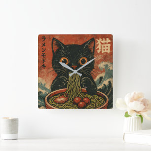 Katzen Ramen Japanisches Lustiges Grafik Kawaii Ka Quadratische Wanduhr