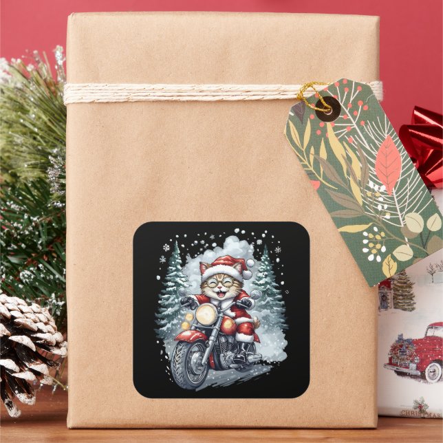 Katzen-Santa-Motorrad schwarzer Hintergrund Quadratischer Aufkleber (Feiertag)