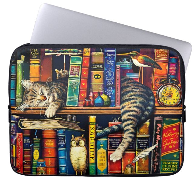 Katzen Schlafen in der virtuellen Bibliothek, farb Laptopschutzhülle (Vorderseite)