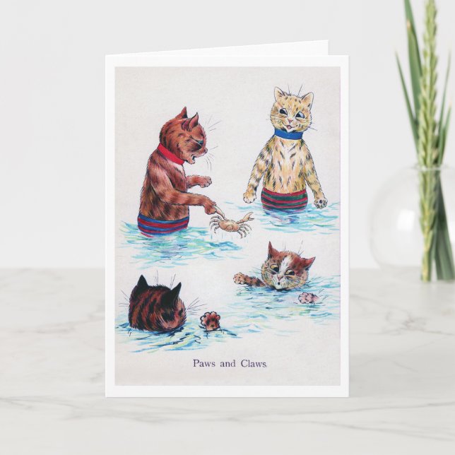 Katzen Schwimmen am Strand, Louis Wain Karte (Vorderseite)