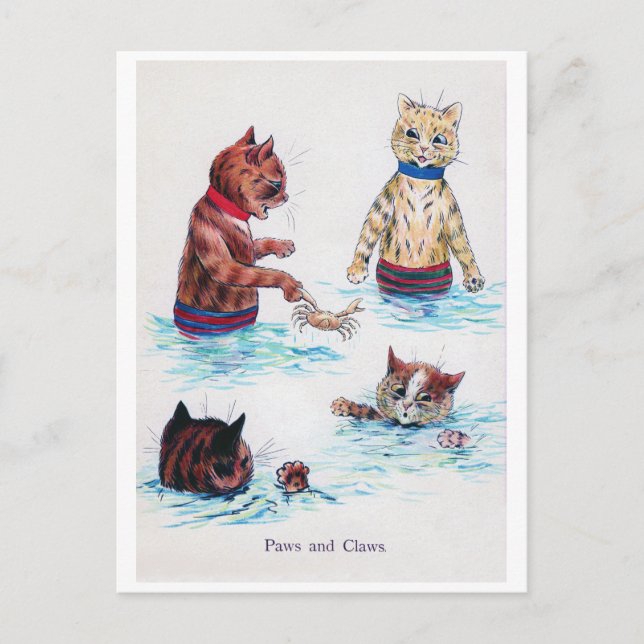Katzen Schwimmen am Strand, Louis Wain Postkarte (Vorderseite)