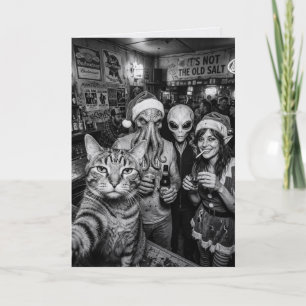 Katzen-Selfie Bigfoot Alien Elf Bar Weihnachten Karte