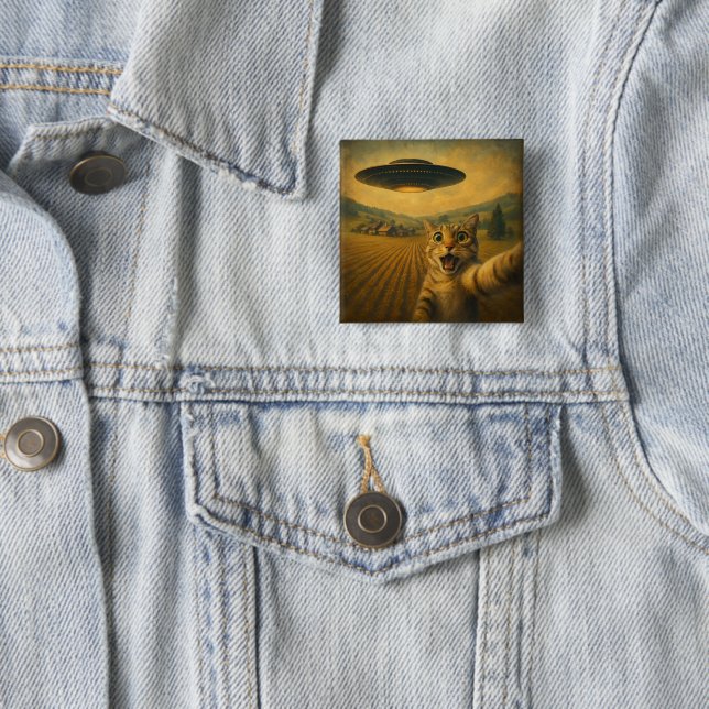 Katzen-Selfie mit Alien-UFO Lustige Katzen-Geschen Button (Beispiel)